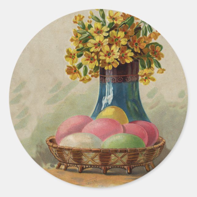Pegatina Redonda Huevos Flores Canasta Pascua Antiguo (Anverso)