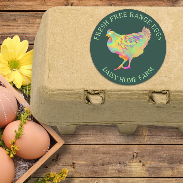 Pegatina Redonda Huevos frescos acuarela Pollo Business (Fresh free range chicken eggs box stickers with business name and cute hen illustration )