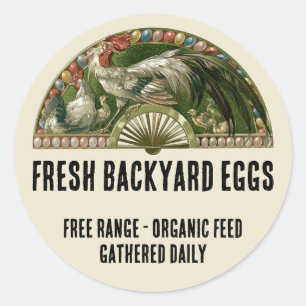 Pegatina Redonda Huevos Frescos! Arte Antiguo Moderno de Gallinas y
