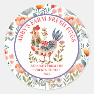 Pegatina Redonda Huevos Frescos de Granja Arte Folclórico Gallina