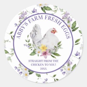 Pegatina Redonda Huevos Frescos De Granja Floral De Pollo 