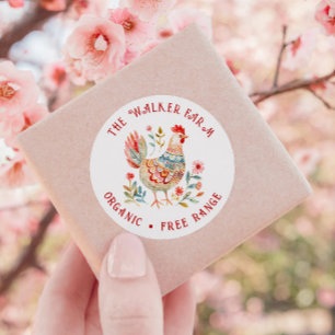 Pegatina Redonda Huevos frescos de la granja folk colorida