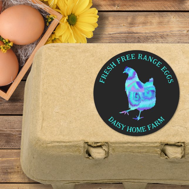 Pegatina Redonda Huevos frescos Negocio moderno (Fresh free range chicken egg box stickers colorful hen with personalized small business name)