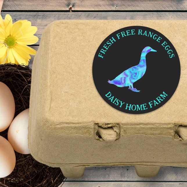Pegatina Redonda Huevos frescos Negocio moderno (Fresh free range duck eggs custom business stickers with bold colorful watercolor duck art)