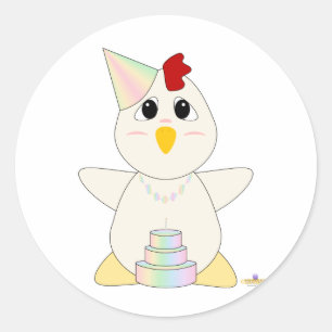 Pegatina Redonda Huggable Pastel Cumpleaños Pollo Blanco