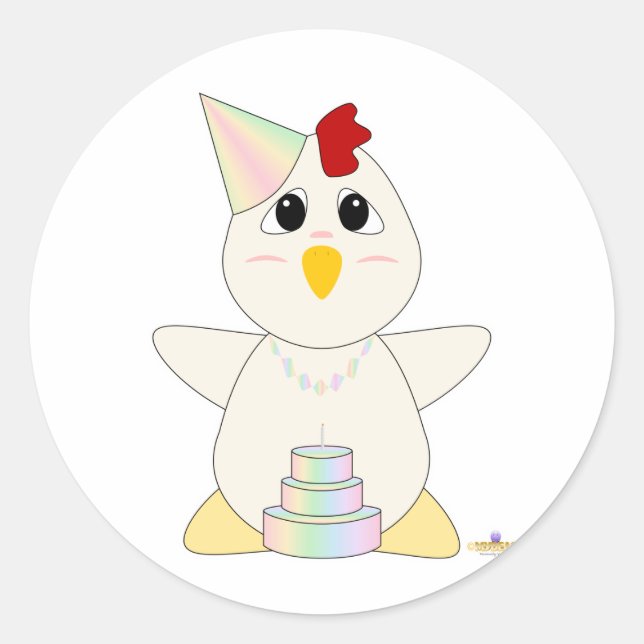Pegatina Redonda Huggable Pastel Cumpleaños Pollo Blanco (Anverso)