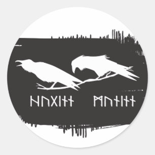 Pegatina Redonda Huginn y Muninn Cuervos Vikingos Tinta Nórdica