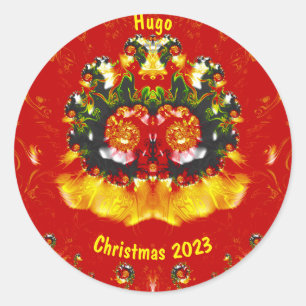Pegatina Redonda HUGO ~ NAVIDADES Fractal rojo verde amarillo ~