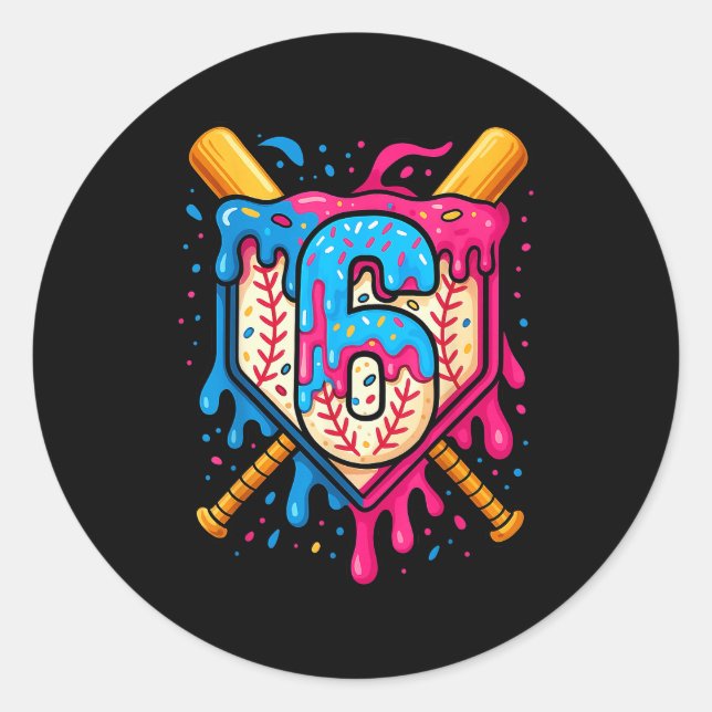Pegatina Redonda Hugvyn 6th Birthday Baseball Ice Cream Drip Number (Anverso)