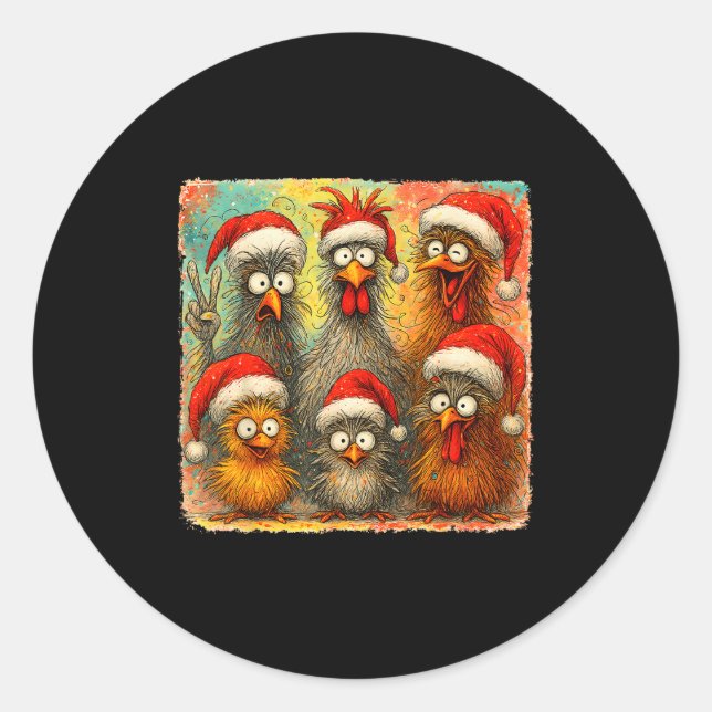 Pegatina Redonda Hugvyn Christmas Santa Chicken Crazy Eagerlys Roos (Anverso)