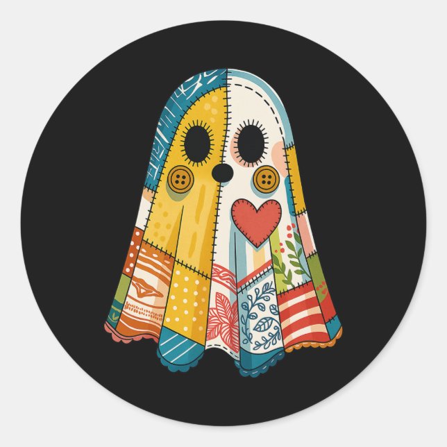 Pegatina Redonda Hugvyn Halloween Patchwork Ghost Spooky Quilt Ghos (Anverso)