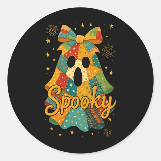 Pegatina Redonda Hugvyn Halloween Patchwork Spooky Ghost Bow Preppy (Anverso)