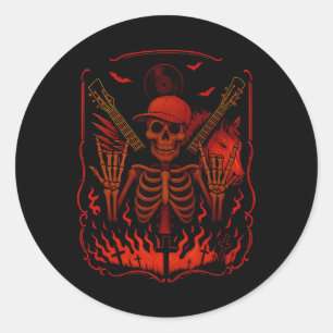 Pegatina Redonda Hugvyn Halloween Skeletan Rock Hand Rocker Mens Bo