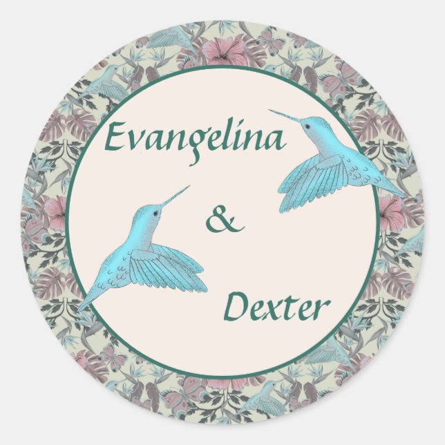 Pegatina Redonda Humming bird & Hibiscus - wedding sticker (Anverso)