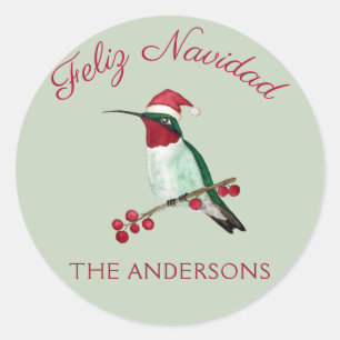 Pegatina Redonda Hummingbird de personalizado Feliz Navidad con gri