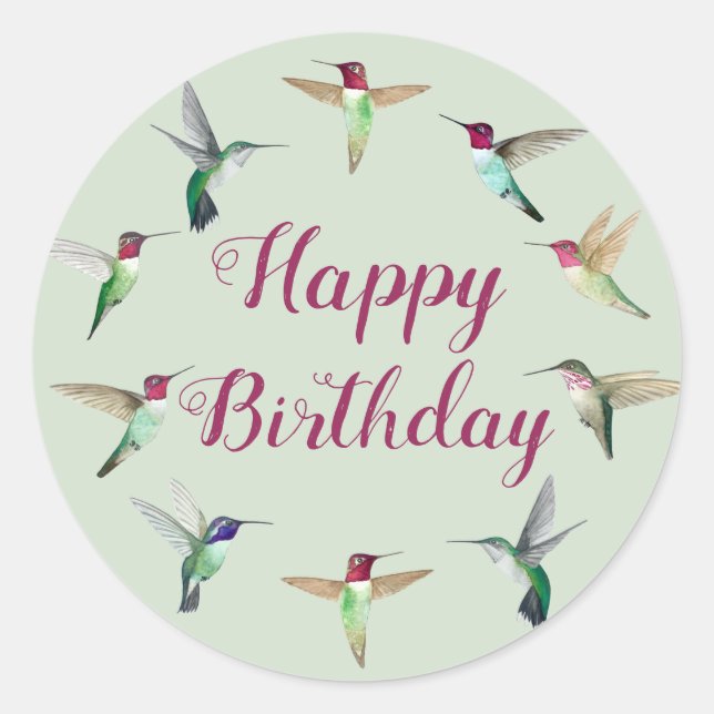 Pegatina Redonda Hummingbird Feliz Cumpleaños (Anverso)