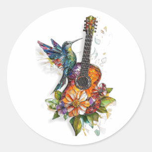 Pegatina Redonda Hummingbird Guitarra Música Floral Naturaleza Love