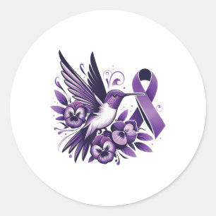 Pegatina Redonda Hummingbird Holding Purple Pansy Ribbon Heimer Awa