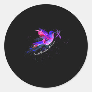 Pegatina Redonda Hummingbird Holding Purple Ribbon Fibromialgia Awa