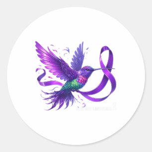 Pegatina Redonda Hummingbird Holding Purple Ribbon Heimers Awarenes
