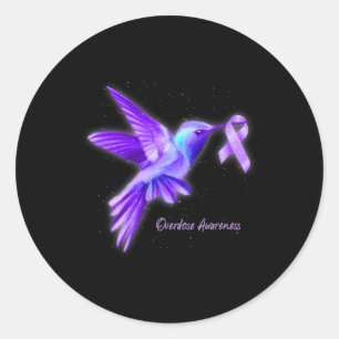 Pegatina Redonda Hummingbird Holding Purple Ribbon Sobredosis Aware