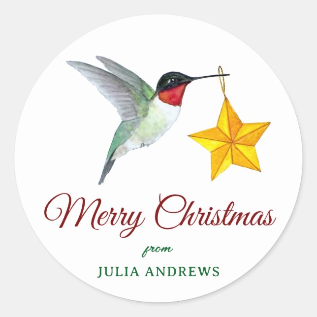 Pegatina Redonda Hummingbird personalizado Merry Christmas (Anverso)