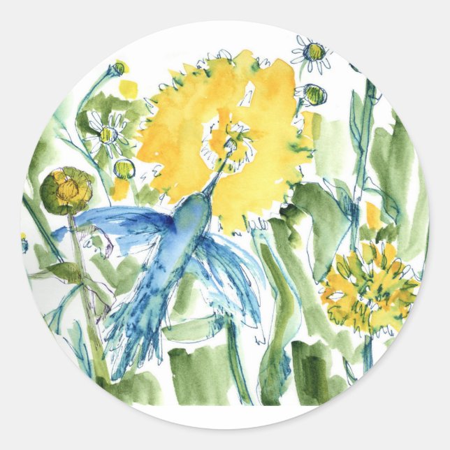Pegatina Redonda Hummingbird Pollinator Garden Watercolor (Anverso)