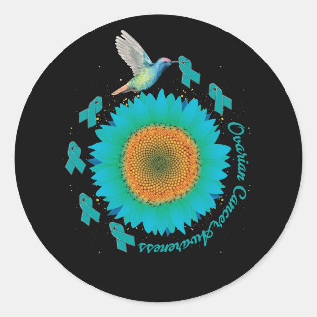 Pegatina Redonda Hummingbird Sunflower Teal Ribbon Ovarian Cancer (Anverso)