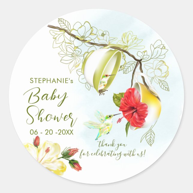 Pegatina Redonda Hummingbird Tea Fiesta Baby Shower (Anverso)