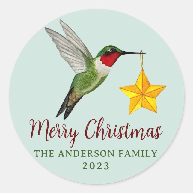 Pegatina Redonda Hummingbird y Star personalizado Feliz Navidad (Anverso)