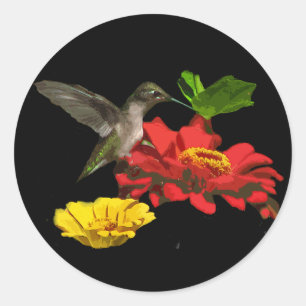Pegatina Redonda Hummingbird y Zinnias