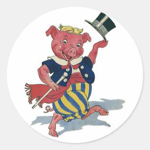 Pegatina Redonda Humor Antiguo, Cerdo Feliz Bailando Bailes Lindos