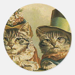 Pegatina Redonda Humor Antiguo, Novios Victorianos Gatos con Sombre