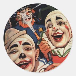 Pegatina Redonda Humor Antiguo, Payasos de Circo Riéndose y Policía