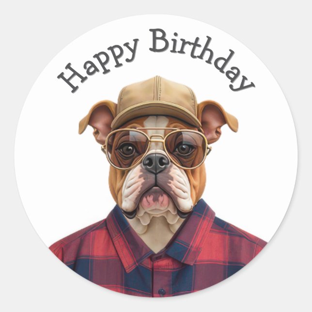 Pegatina Redonda Humor de Bulldog de cumpleaños (Anverso)