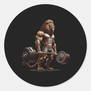 Pegatina Redonda Humor de gimnasio de elevación de pesas de león