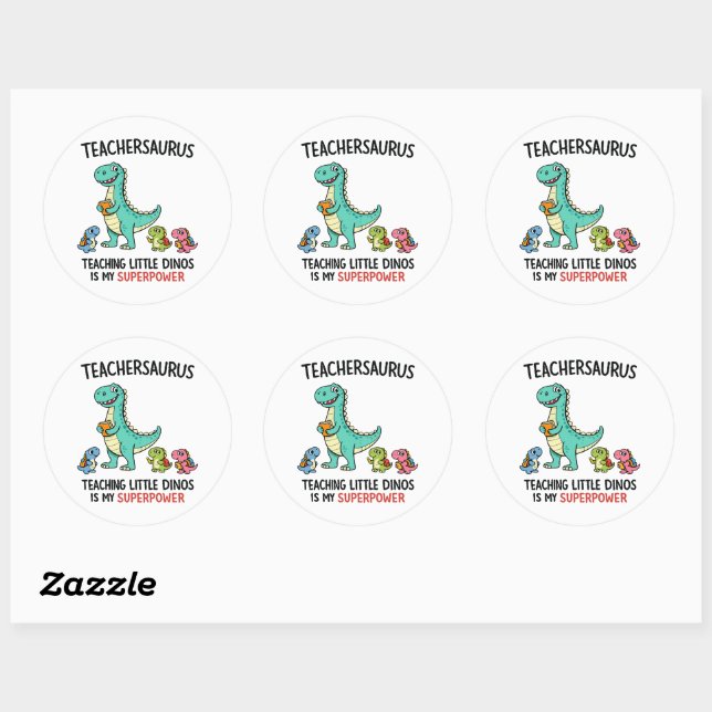 Pegatina Redonda Humor de Teachersaurus con pequeños dinosaurios (Hoja)