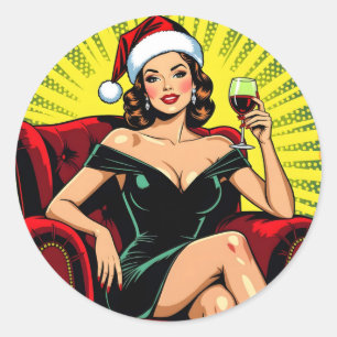 Pegatina Redonda Humor de Vino Arte Pop Retro Navidad