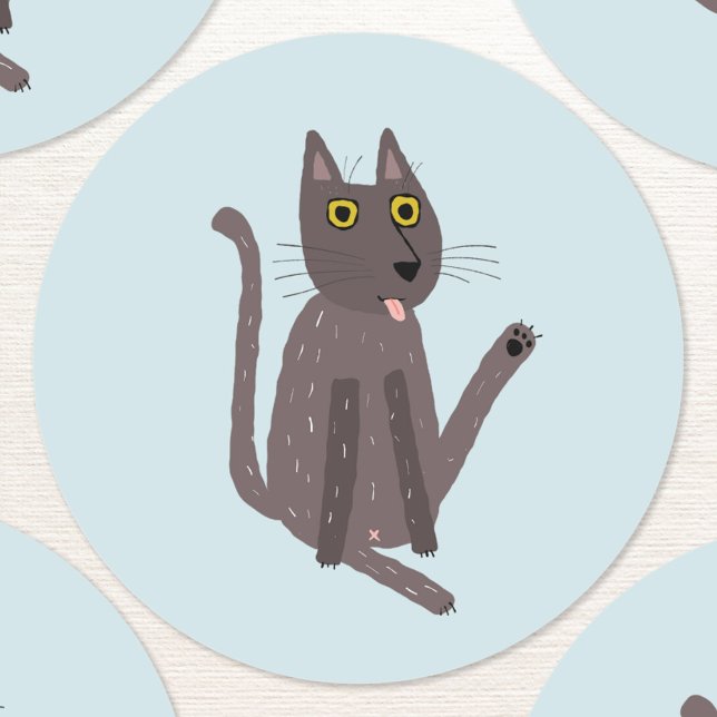 Pegatina Redonda Humor gato gracioso (Fun kitty cat washing humor stickers)