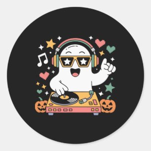 Pegatina Redonda Humor Halloween Fantasma Dj Con Costo Turnable De