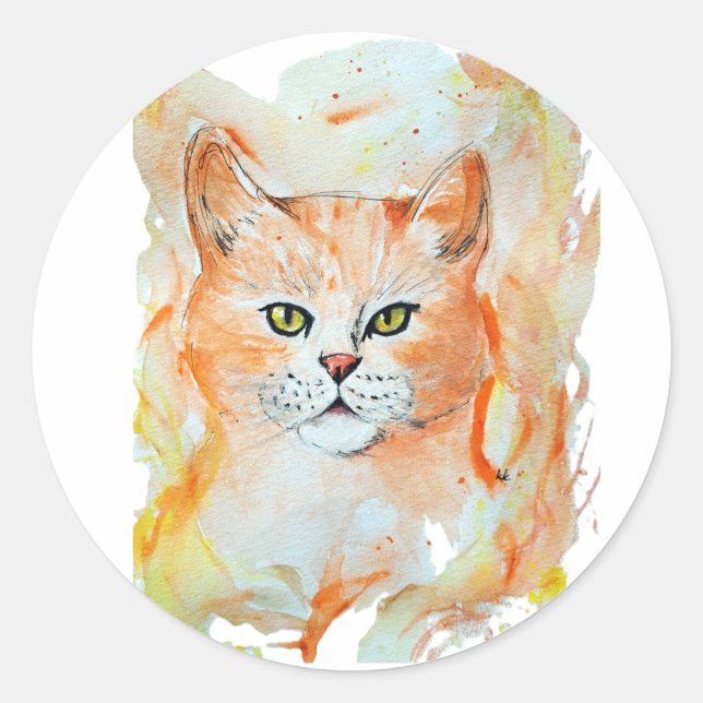 Pegatina Redonda Humor mágico rojo gato acuarela místico (Anverso)