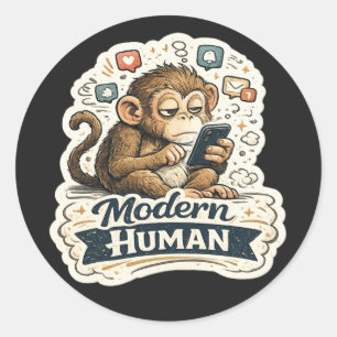 Pegatina Redonda Humor Monstruo Humano Mono Teléfono Inteligente Re