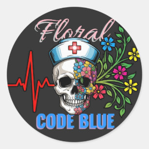 Pegatina Redonda Humor oscuro "Código floral azul" Enfermera médica