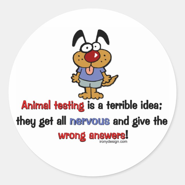 Pegatina Redonda Humor para pruebas en animales (Anverso)