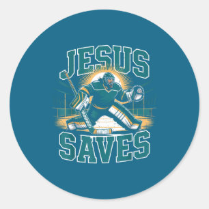 Pegatina Redonda Humor religioso de hockey cristiano Jesús salva po