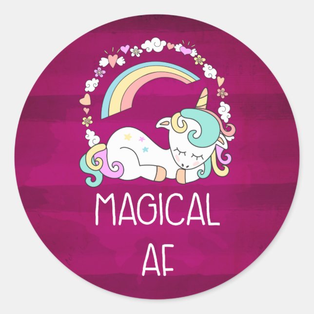 Pegatina Redonda Humorístico AF mágico de unicornio sobre patrón ro (Anverso)