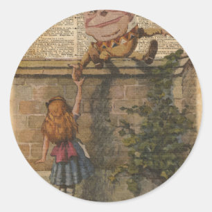 Pegatina Redonda Humpty Dumpty y Alice Vintage Book Ilustracion