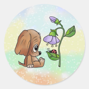 Pegatina Redonda Hund und Blume