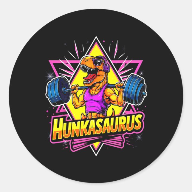 Pegatina Redonda Hunkasaurus Gym Workout T-rex Power Bodybui (Anverso)