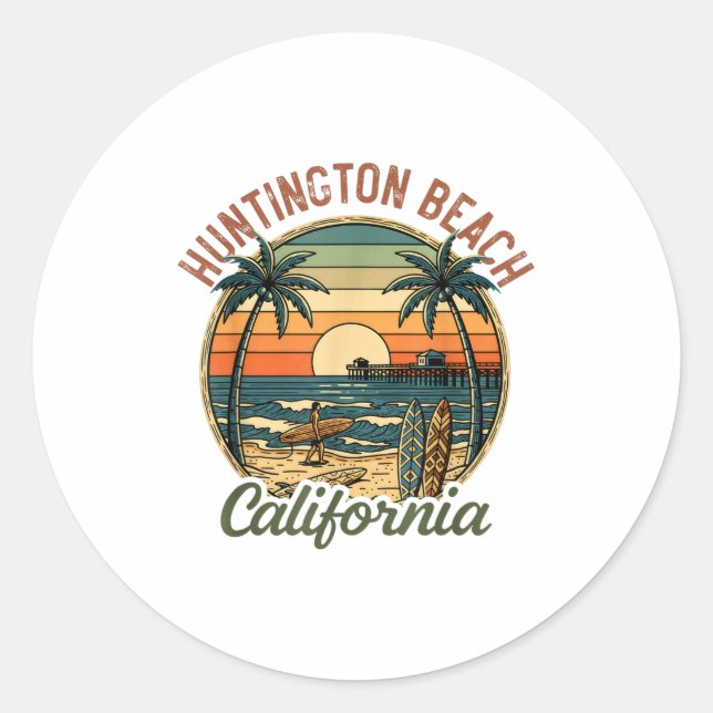 Pegatina Redonda Huntington Beach California Los Angeles Surfer Vin (Anverso)